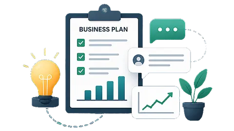 Illustration of a business plan checklist with charts, chat bubbles, and a light bulb representing guided business planning and idea development.